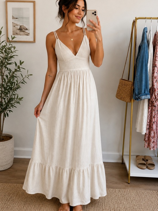 Windsor Dresses & Skirts - Windsor Cream Linen Blend Maxi Dress Boho Cottagecore Strappy Deep V Medium